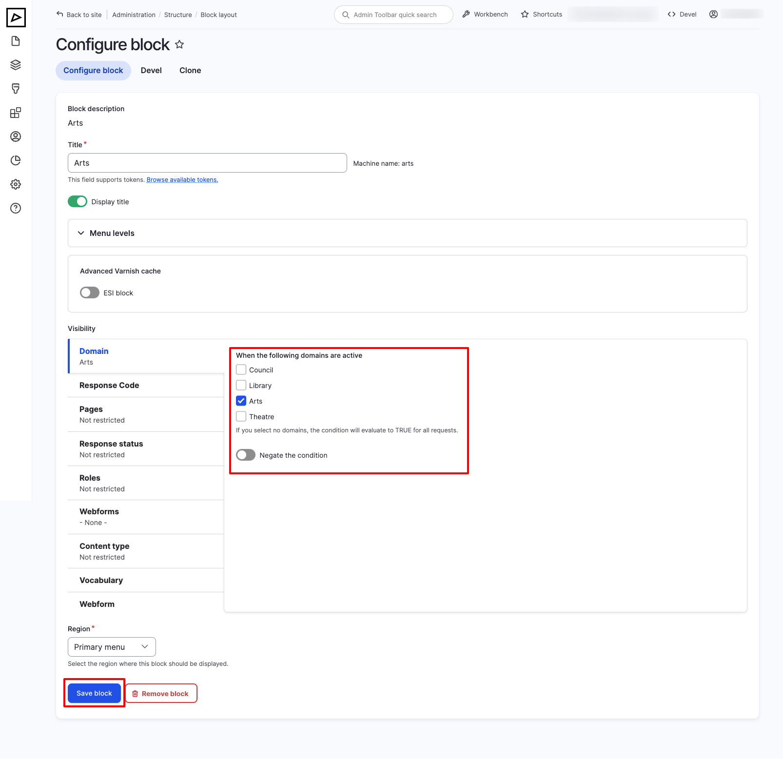 Block Layout - Primary menu - Edit