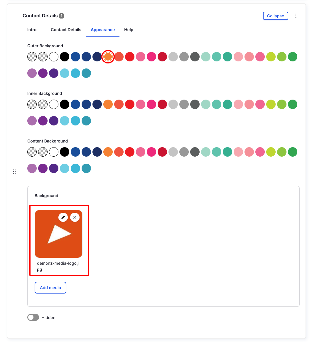 Contact Details Component - Appearance - Backend