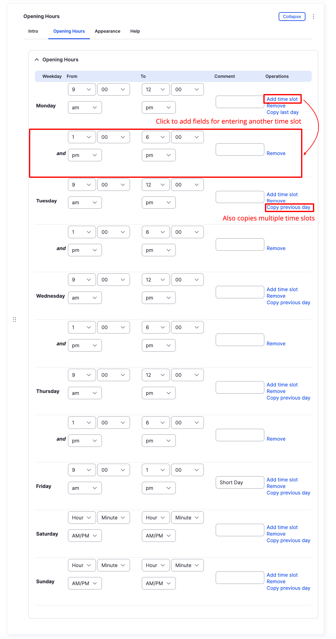Opening Hours Component - Opening Hours (Multiple Time Slots) - Backend