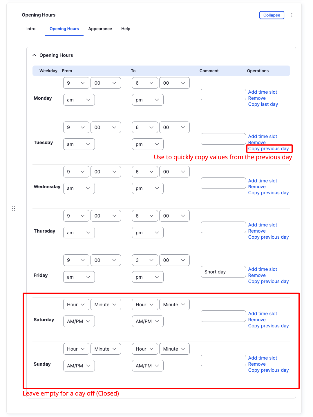 Opening Hours Component - Opening Hours - Backend