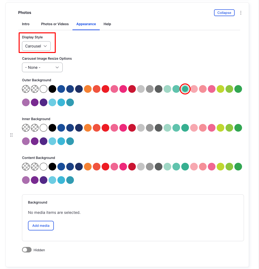 Photos Component - Appearance (Carousel) - Backend