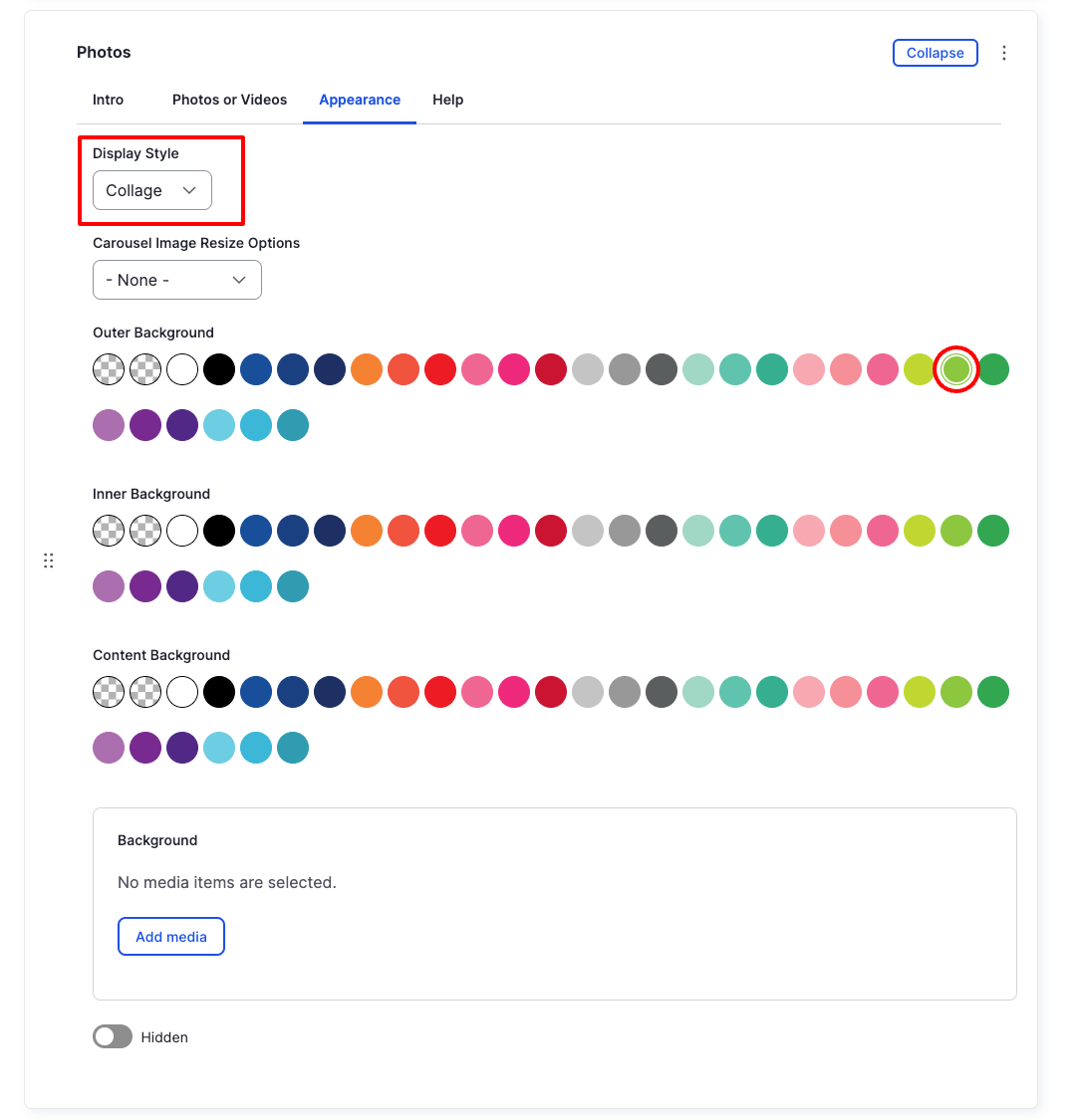 Photos Component - Appearance (Collage) - Backend