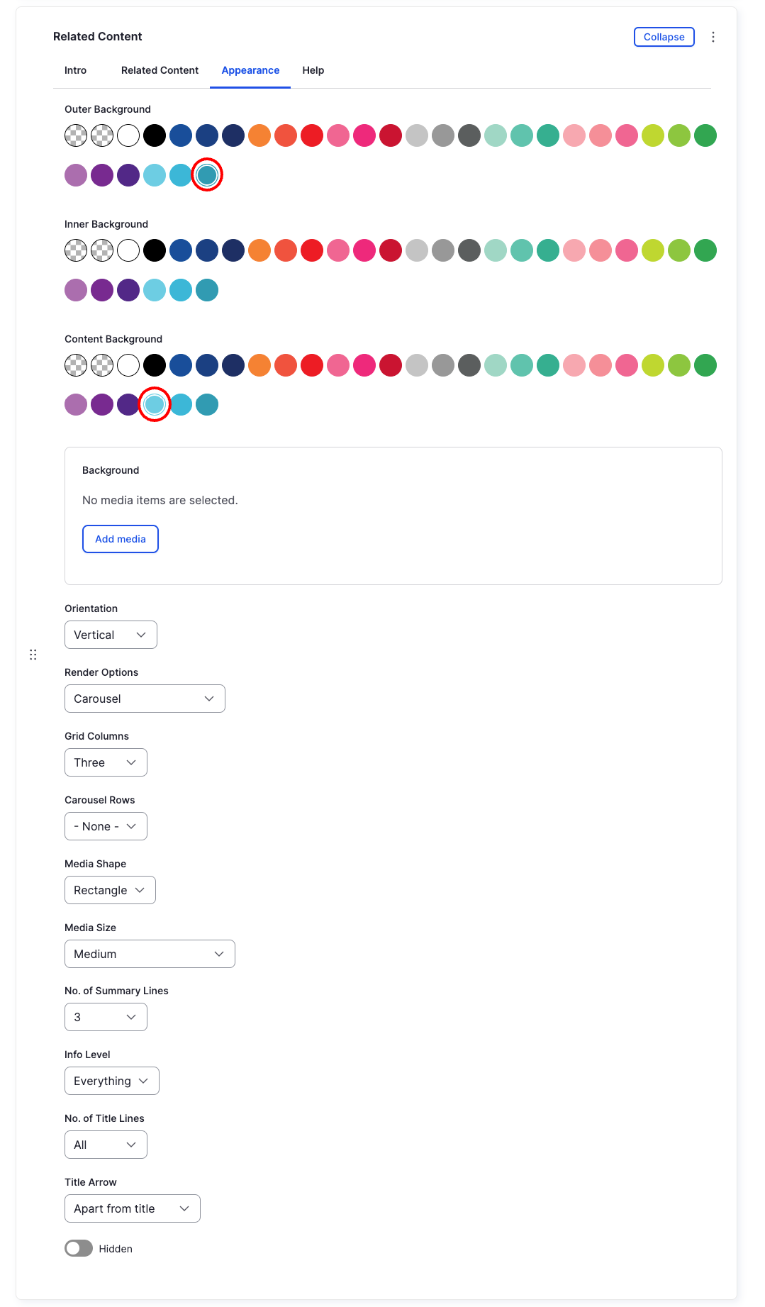 Related Content Component - Appearance (Carousel, All, Rectangles) - Backend