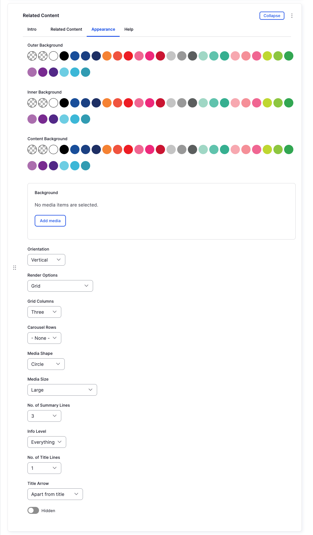 Related Content Component - Appearance (Grid, All, Circles) - Backend