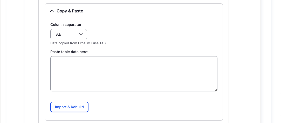 Table Component - Table (Copy & Paste) - Backend