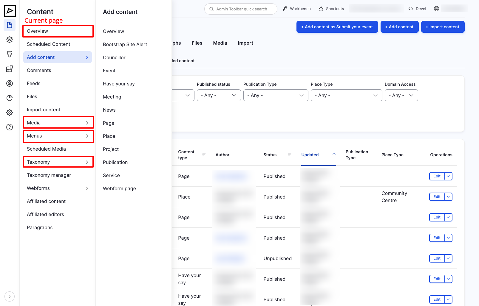 Content Overview (Menu expanded)