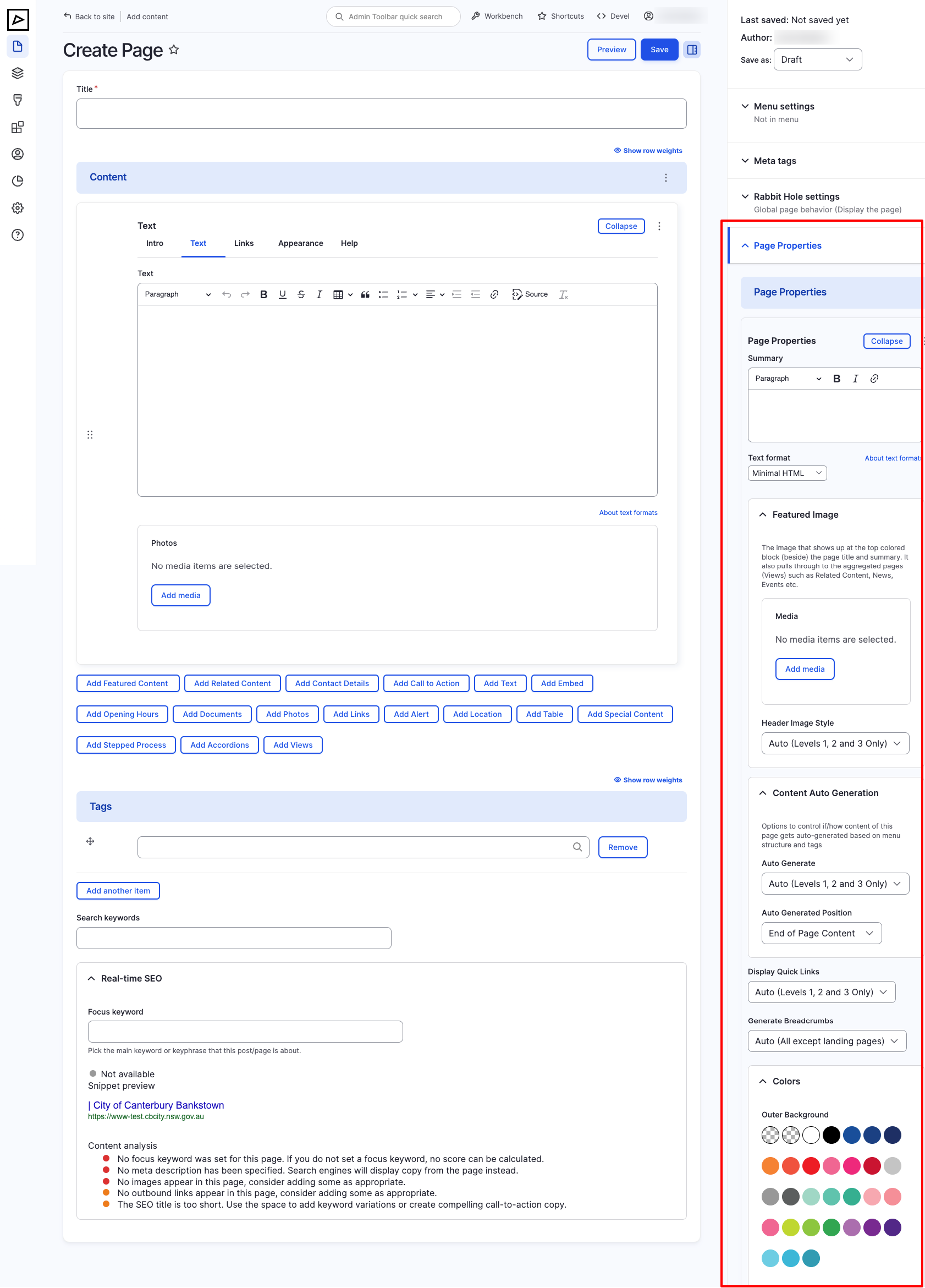 Page Properties - Admin Sidebar