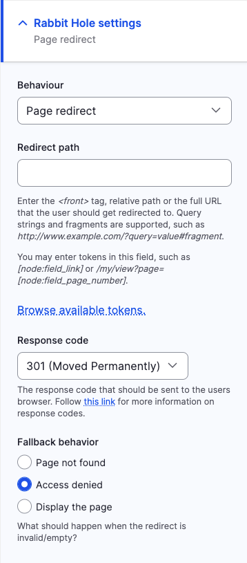 Rabbit Hole Settings - Page Redirect